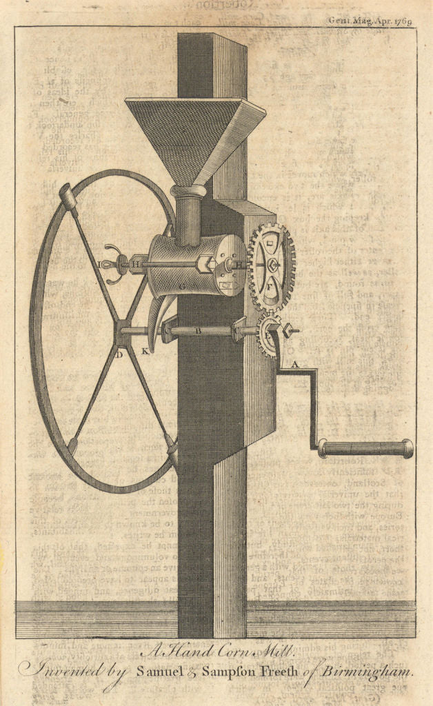 A Hand Corn Mill, invented by Samuel & Sampson Freeth of Birmingham 1769 print